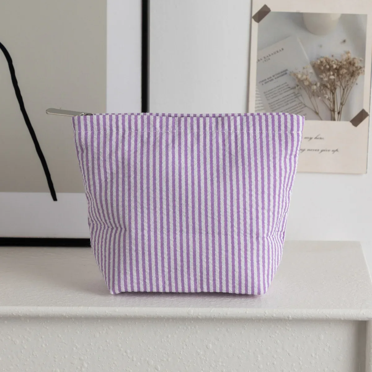 petits sacs à cosmétiques à la mode, sacs de rangement à rayures verticales pour femmes, sacs de maquillage avec fermeture éclair, sac de rangement de voyage portable