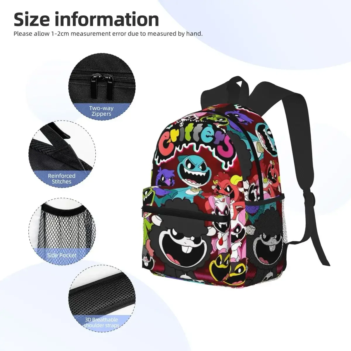 sac à dos d'étudiant avec motif de dessins animés nightmare critters, sac d'école, sac à dos de randonnée, sac de voyage pour hommes et femmes, sac à bandoulière tendance