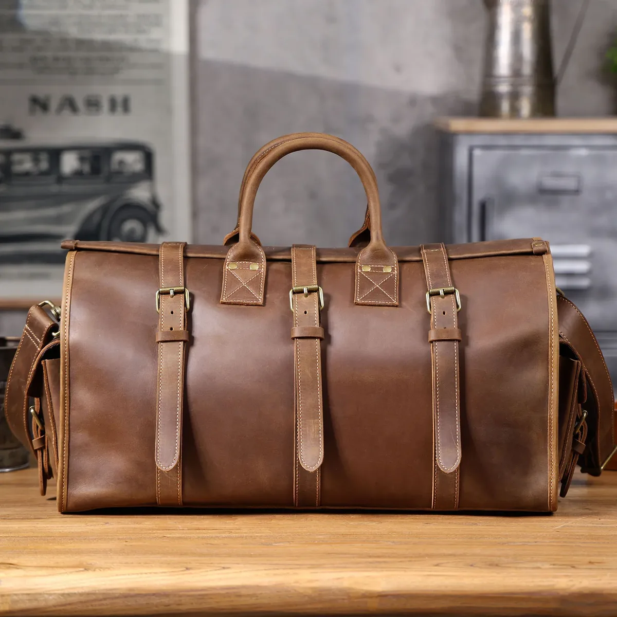 sac de voyage vintage en cuir véritable pour homme, grande capacité, sac de sport en cuir de vachette, style classique, sac de week-end, sac de nuit