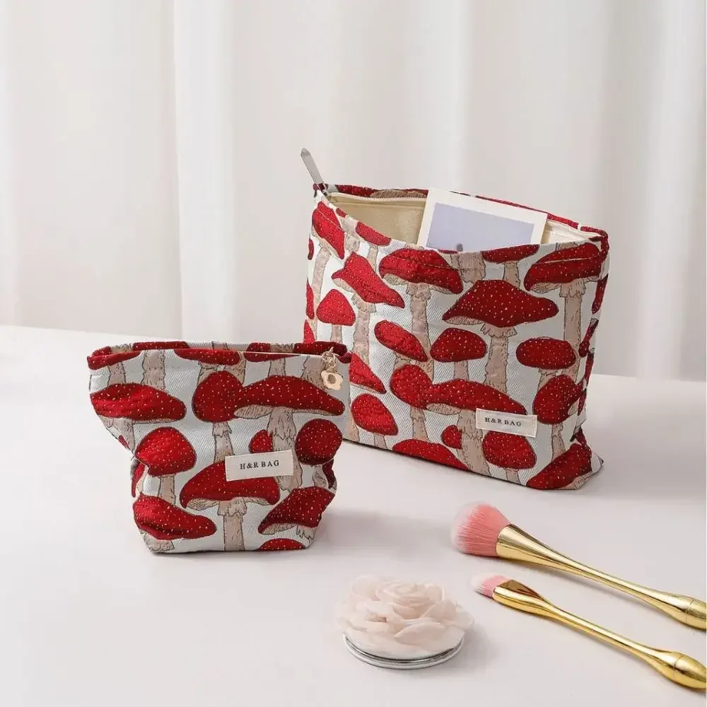 sac de maquillage en toile simple, sac de rangement de lavage imprimé champignon rouge, sac à main portable de taille m/l, rangement de produits de soins de la peau