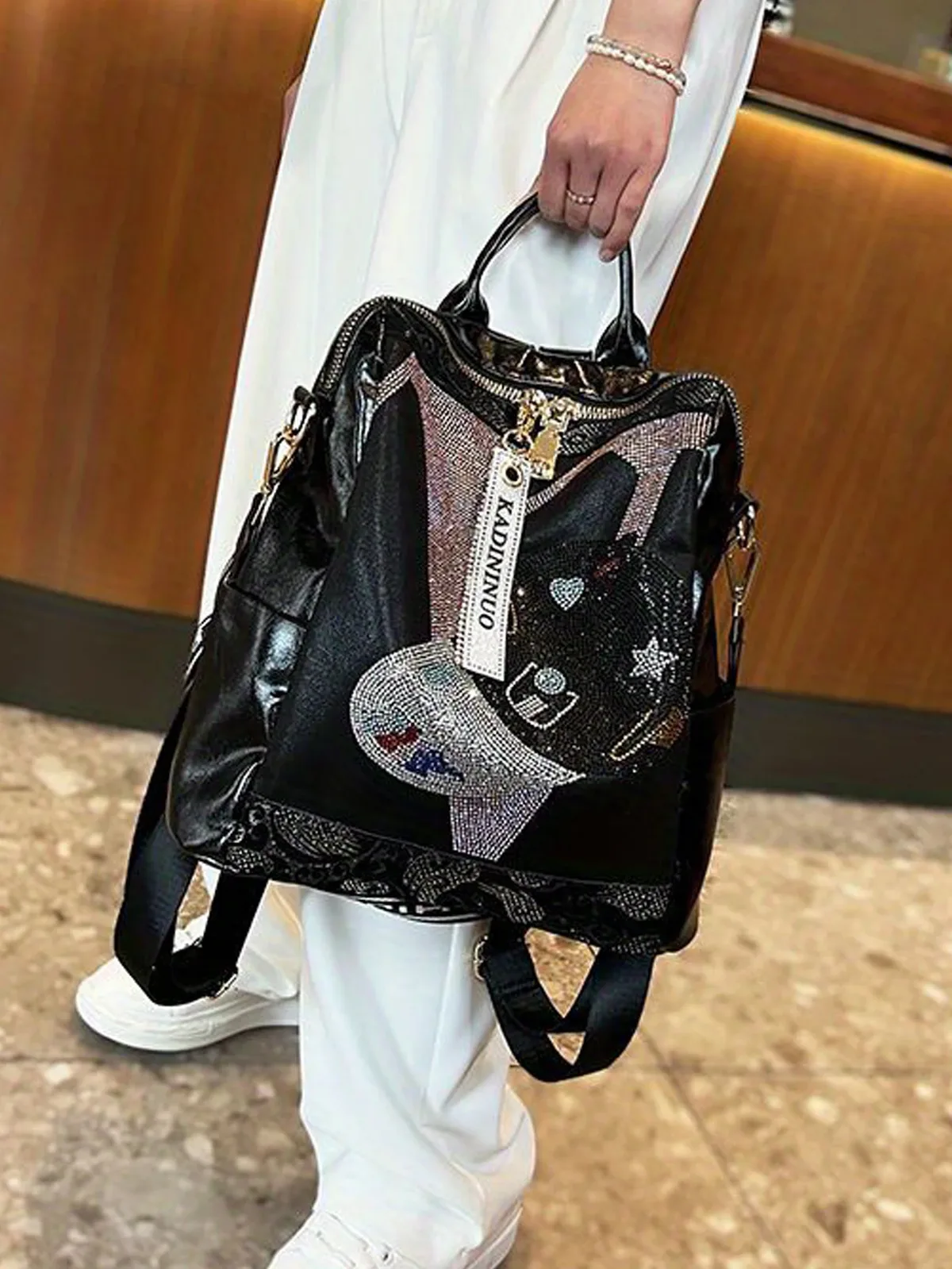 sac à dos à la mode et polyvalent, nouveau sac à bandoulière décontracté en cuir de grande capacité avec strass