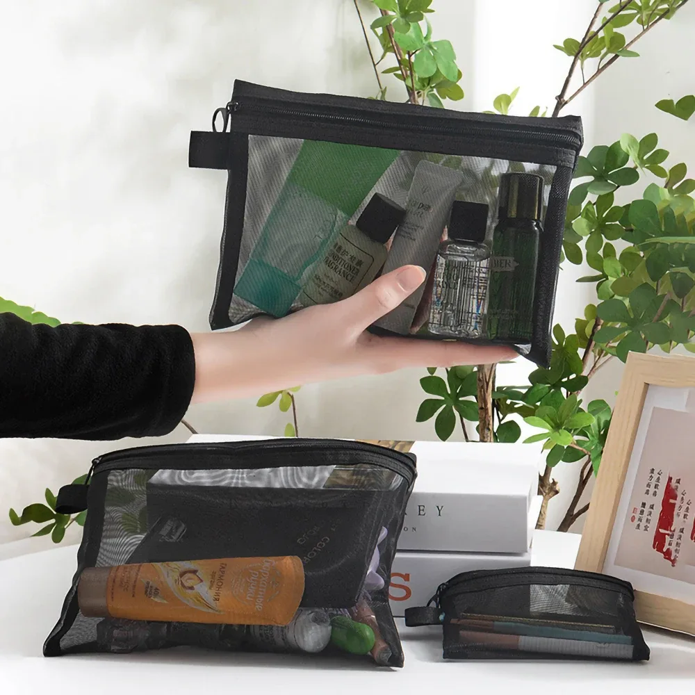 sacs à cosmétiques transparents en maille pour femmes, trousse de maquillage noire, étui de rangement de toilette de voyage portable, pochette de rangement de rouge à lèvres, cadeau, 1/5/10 pièces