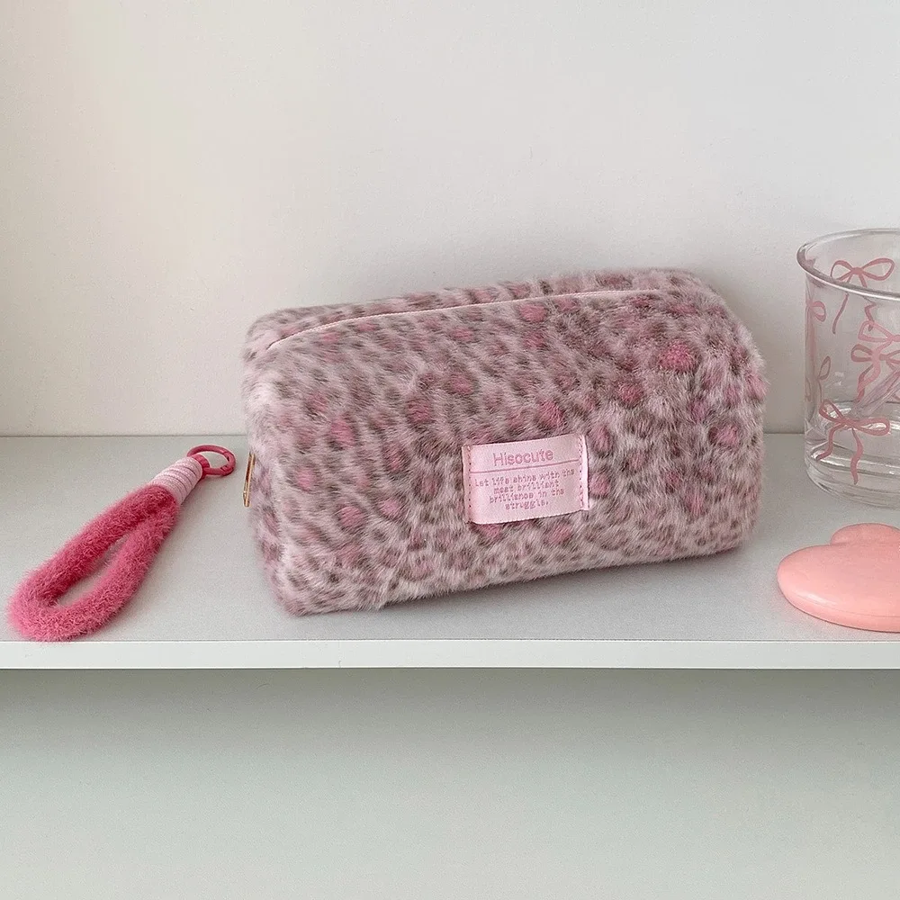 sac à cosmétiques en peluche imprimé léopard coréen d'hiver, trousse de maquillage pour femme, trousse à crayons pour étudiante, trousse de toilette portable pour organisateur de maquillage