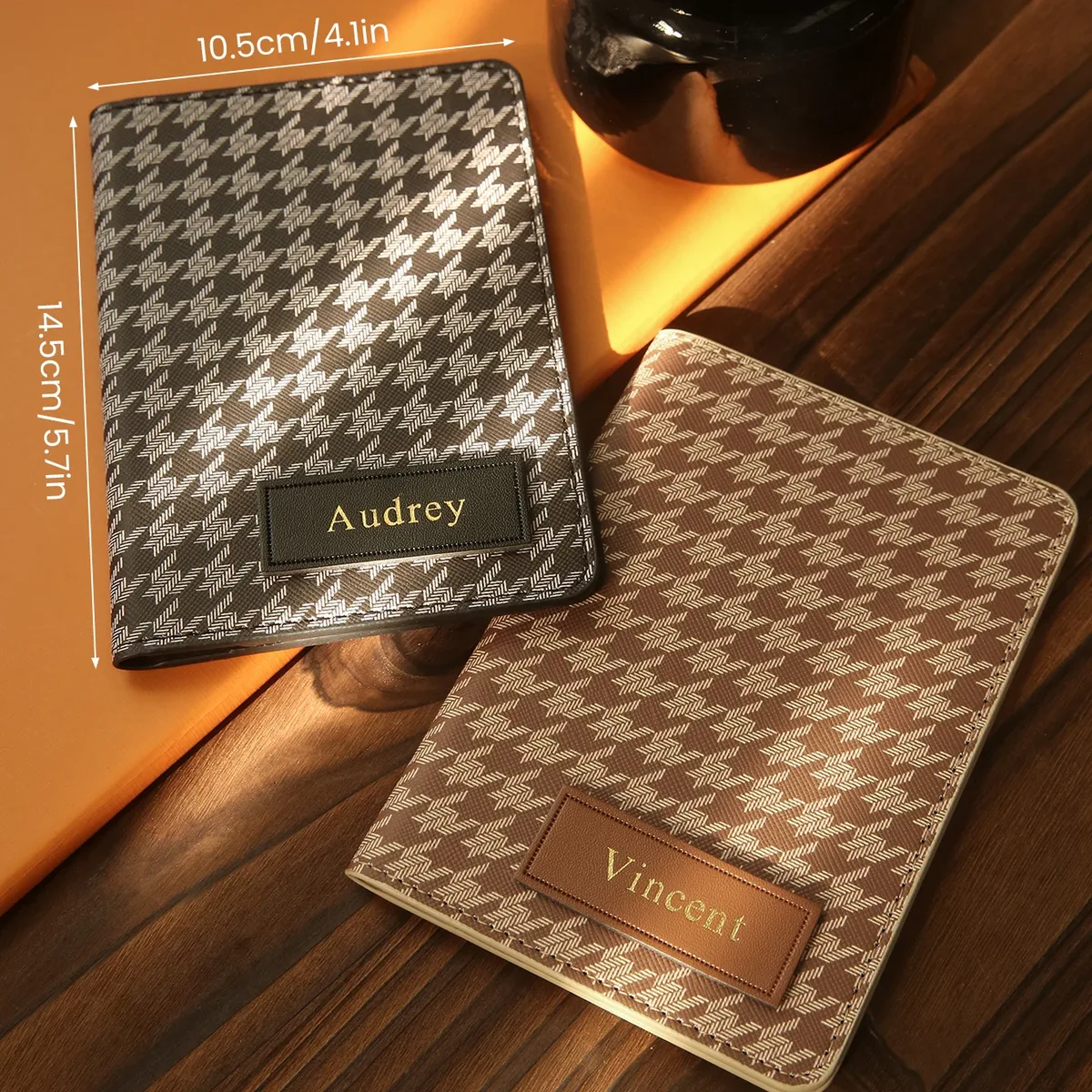 housse de passeport en cuir pu à motif pied-de-poule avec estampage à chaud doré personnalisé, plusieurs emplacements pour cartes, porte-documents de voyage vintage de luxe