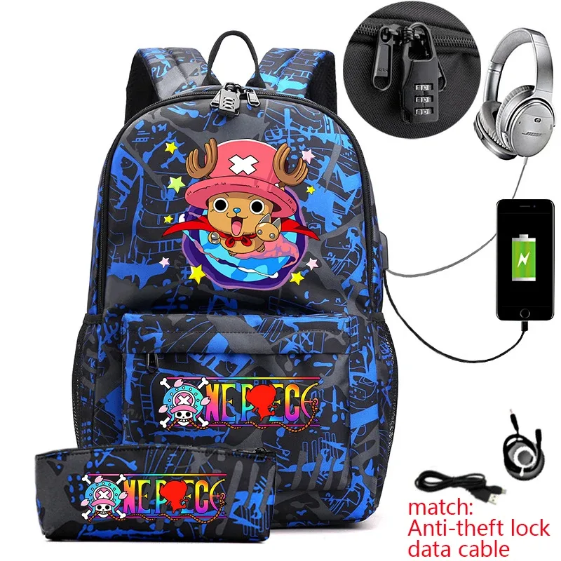 sac à dos antivol pour étudiants avec imprimé tony chopper, avec trousse à crayons, sac à dos décontracté pour garçons, filles et adolescents