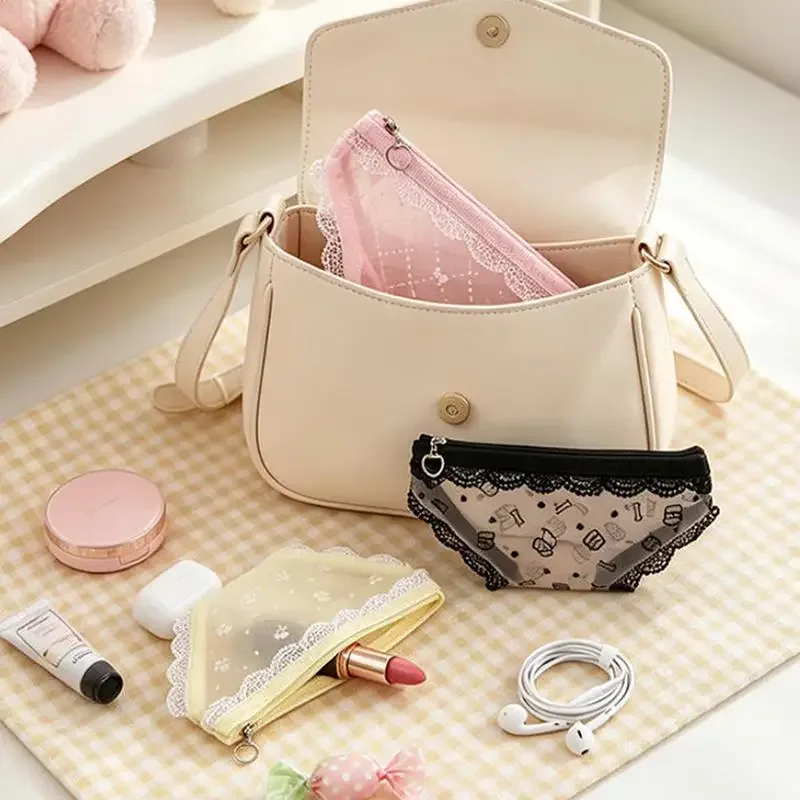 trousse à maquillage en forme de sous-vêtement mignon, en dentelle et maille transparente, pochette de rangement pour maquillage, trousse à crayons, usage quotidien/voyage