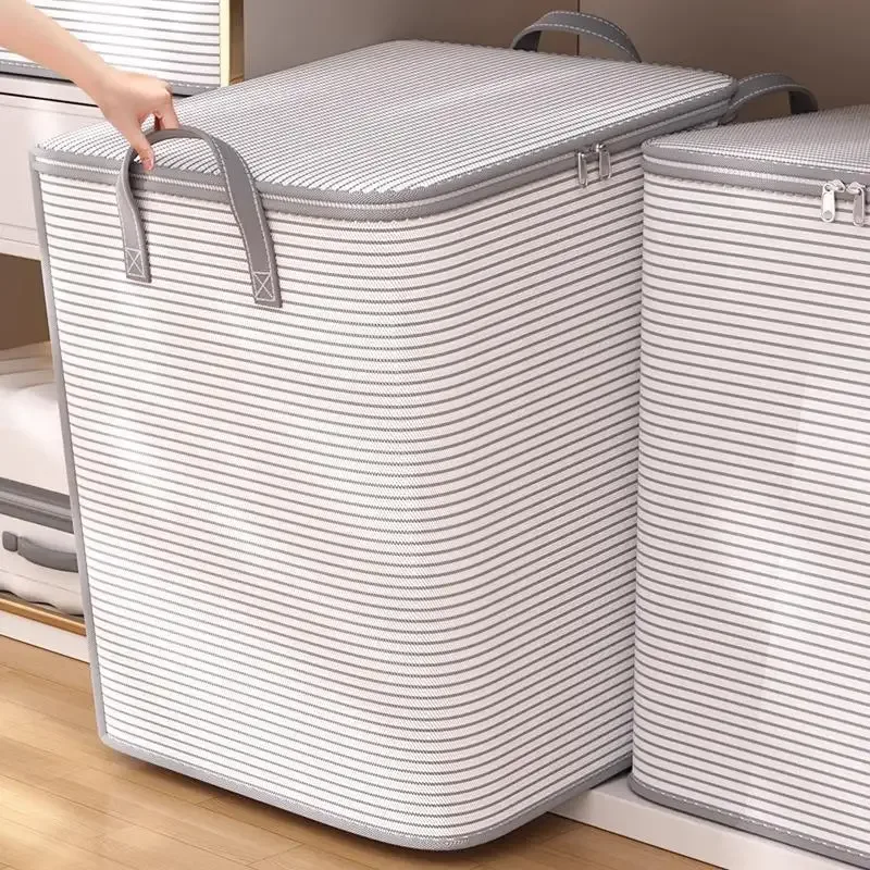 sac de rangement à fermeture éclair rayé gris, grande capacité, anti-poussière, pour usage domestique et rangement classifié