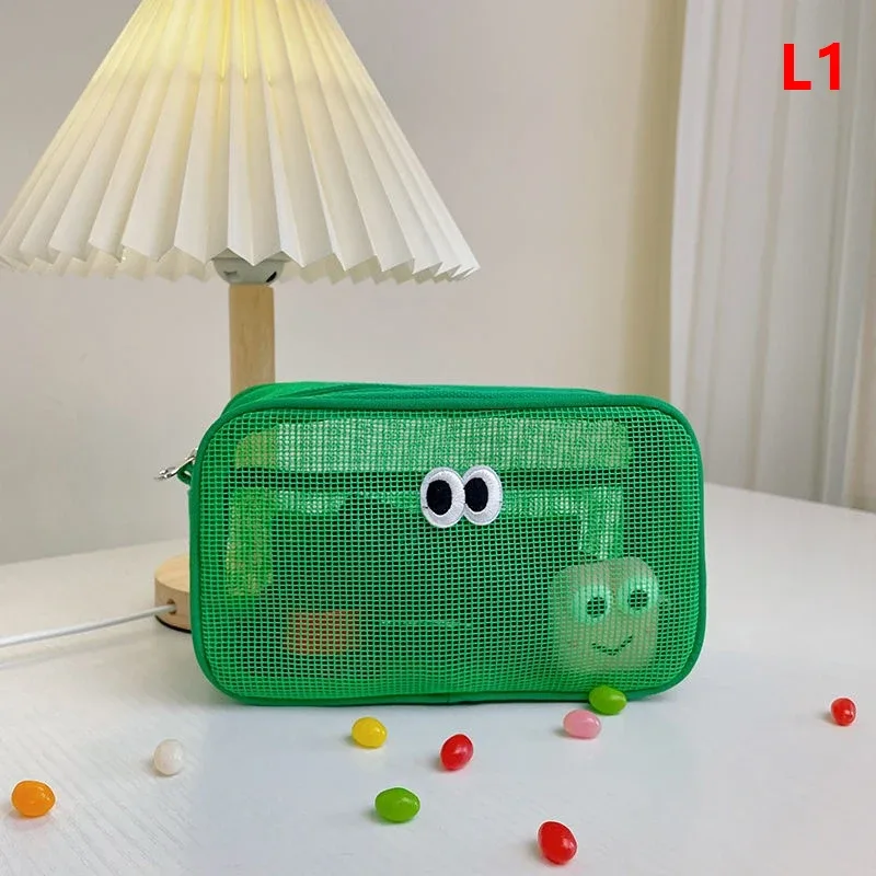 trousse de maquillage portable kawaii, sac cosmétique en maille, sac de rangement de produits de toilette, poudres de maquillage, grands yeux mignons, nouveau document de bonbons