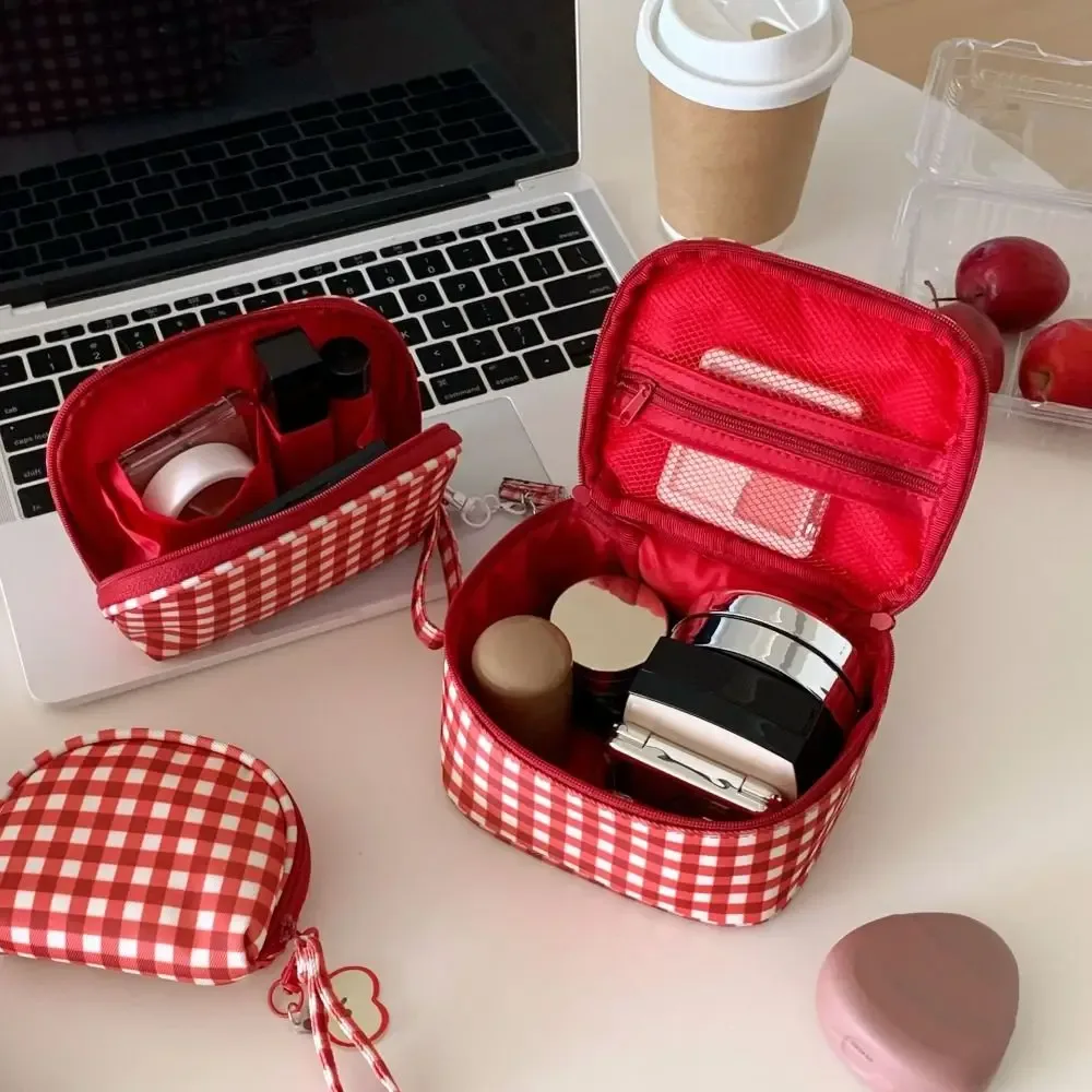 sac de maquillage portable en tissu oxford à carreaux rouges, sac cosmétique multifonctionnel de grande capacité en nylon, trousse de toilette étanche pour voyage
