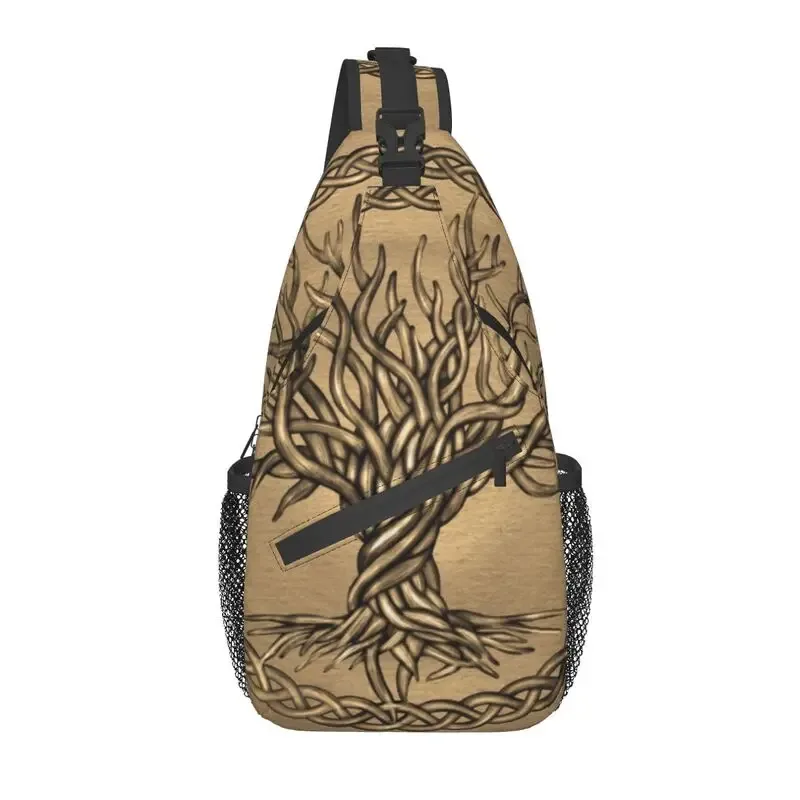sac à dos à bandoulière en cuir marron arbre de vie avec triquetra pour hommes, viking norse yggdrasil initié, sacs de poitrine pour la randonnée