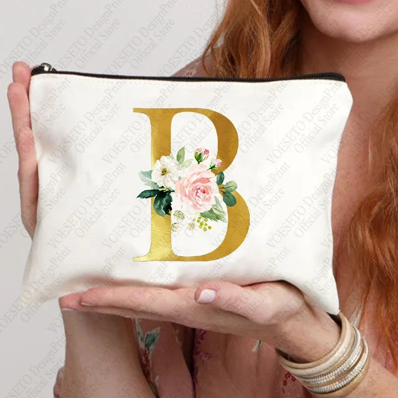 sac à fermeture éclair à motif initial pour femme, trousse de maquillage cosmétique, poudres de toile de bain de mariage, sacs de rouge à lèvres de voyage, cadeau de fête d'enterrement de vie de jeune fille