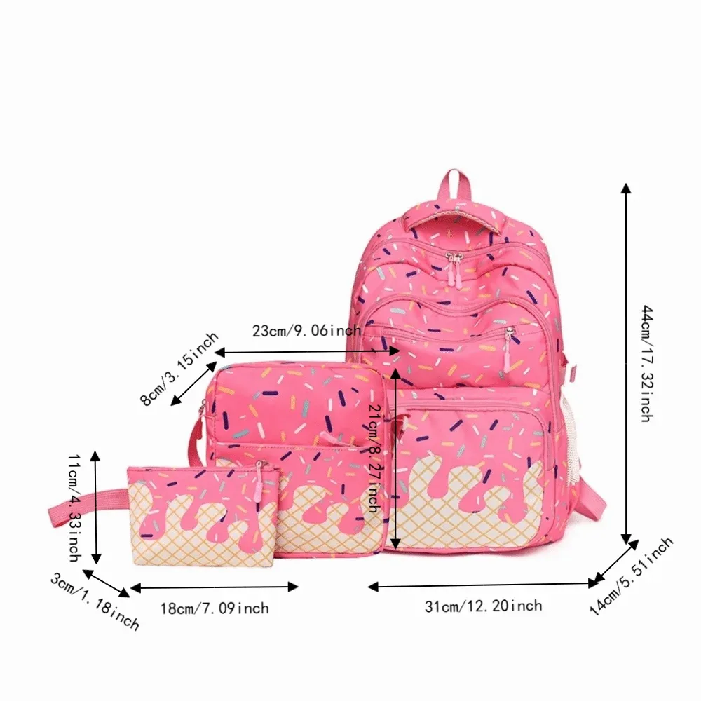 ensemble de sacs à dos en tissu oxford imprimé crème glacée avec trousse à crayons, sac à dos de grande capacité assorti à un sac bandoulière et un sac fourre-tout.
