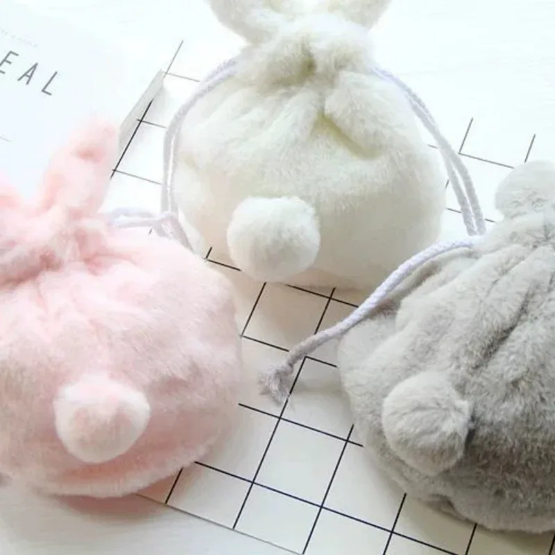 sac de rangement en peluche de dessin animé, trousse de maquillage, pochette à cordon avec oreilles de lapin, sac pour téléphone, porte-monnaie, sac de rangement multifonctionnel