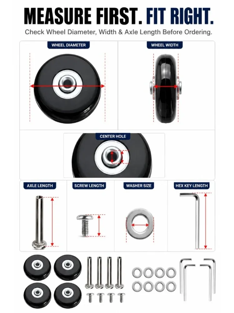 kit de réparation de roulettes de valise en caoutchouc noir universelles, pour remplacement et réparation de roulettes brisées ou bruyantes, pour voyage et bricolage