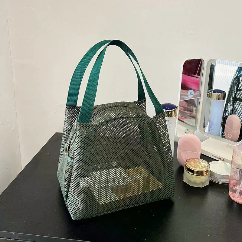 sac de toilette de voyage, sac à maquillage, sac en maille de grande capacité avec poignée, sac de plage portable, pochette à fermeture éclair pour cosmétiques