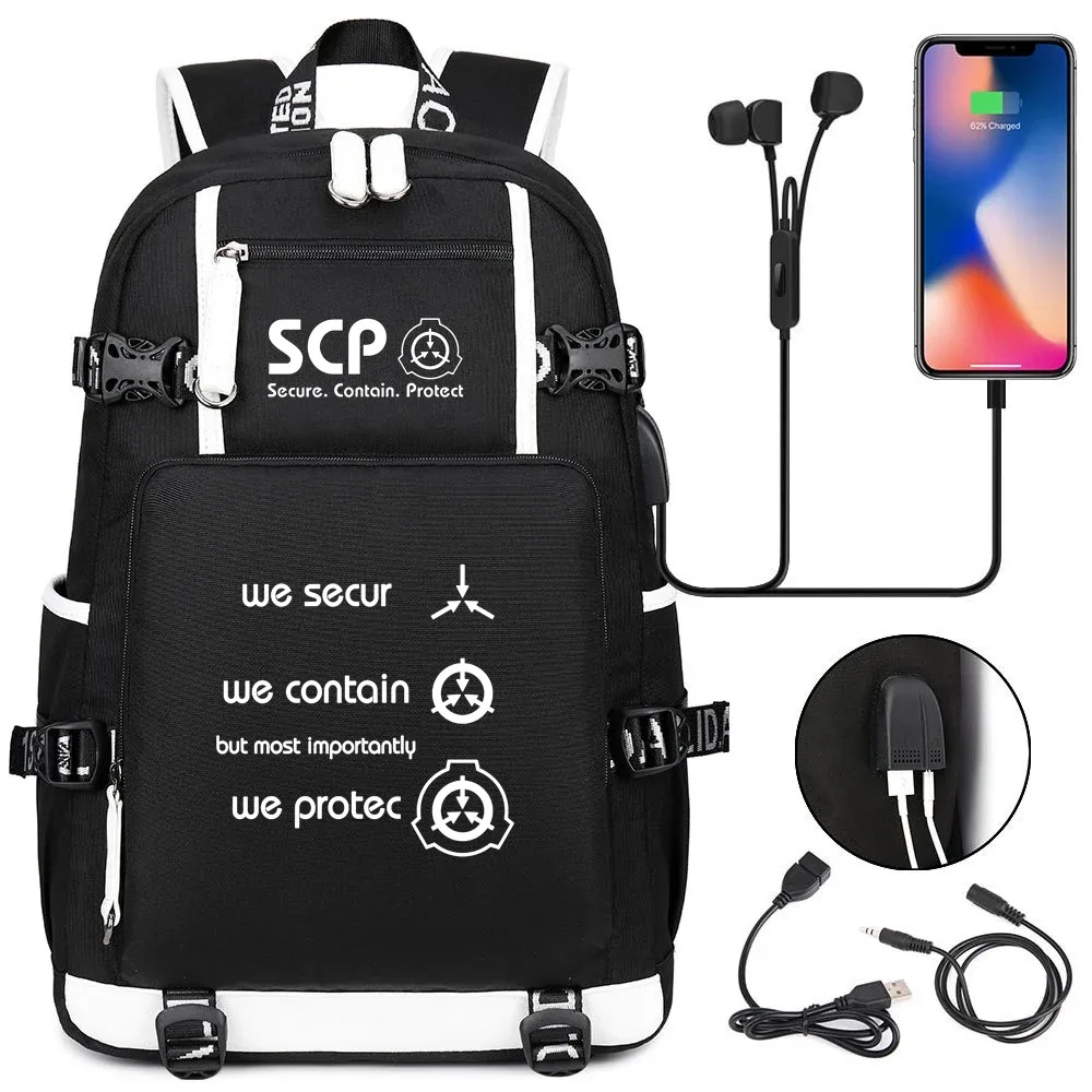 sac à dos scp foundation cartable noir, sacs d'école de dessin animé pour enfants adolescents, sac à dos de voyage scp, sacs initiés par ordinateur portable usb