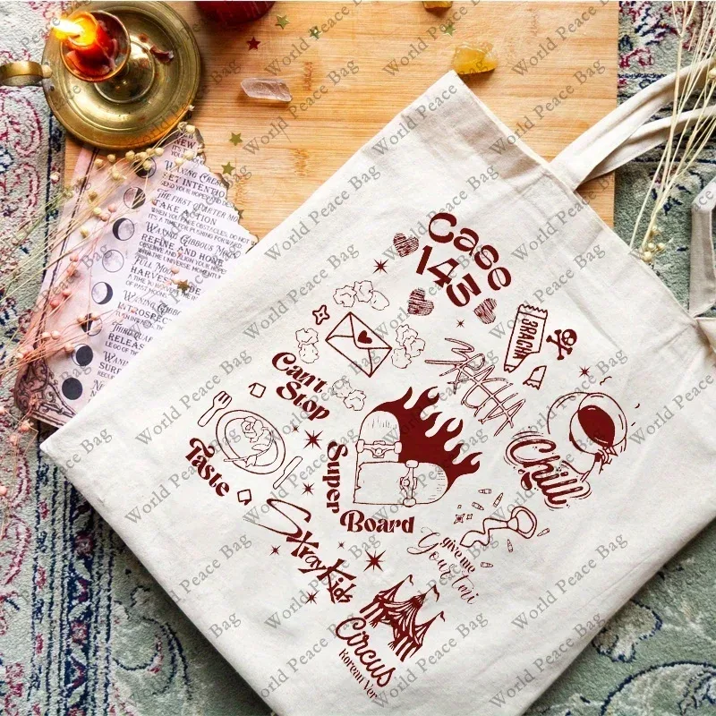 1pc sac fourre-tout vintage pour enfants avec motif 'full tracklist stay', sac de voyage en toile décontracté rétro, sac à bandoulière kpop simple