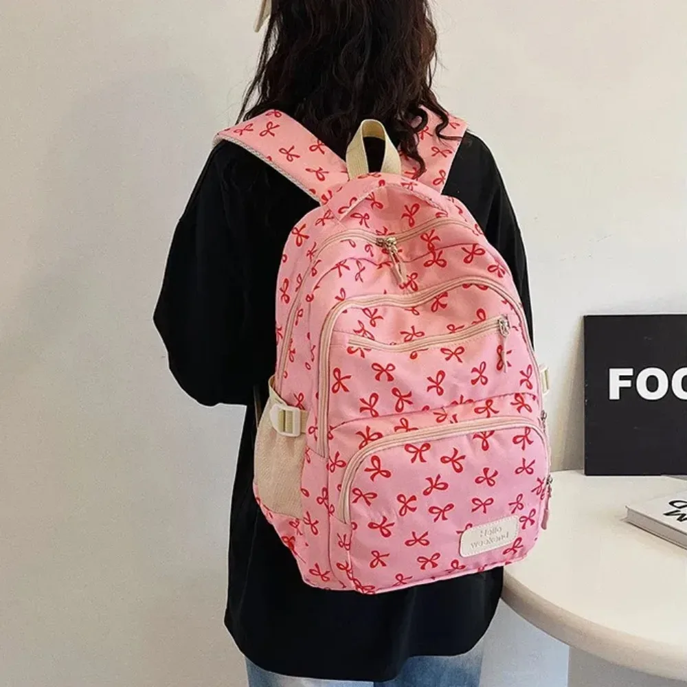 lot de 3 sacs à dos mignons grande capacité avec nœud, imprimé nœud, bretelles réglables, sac à dos d'étudiant en nylon, sac à dos de voyage