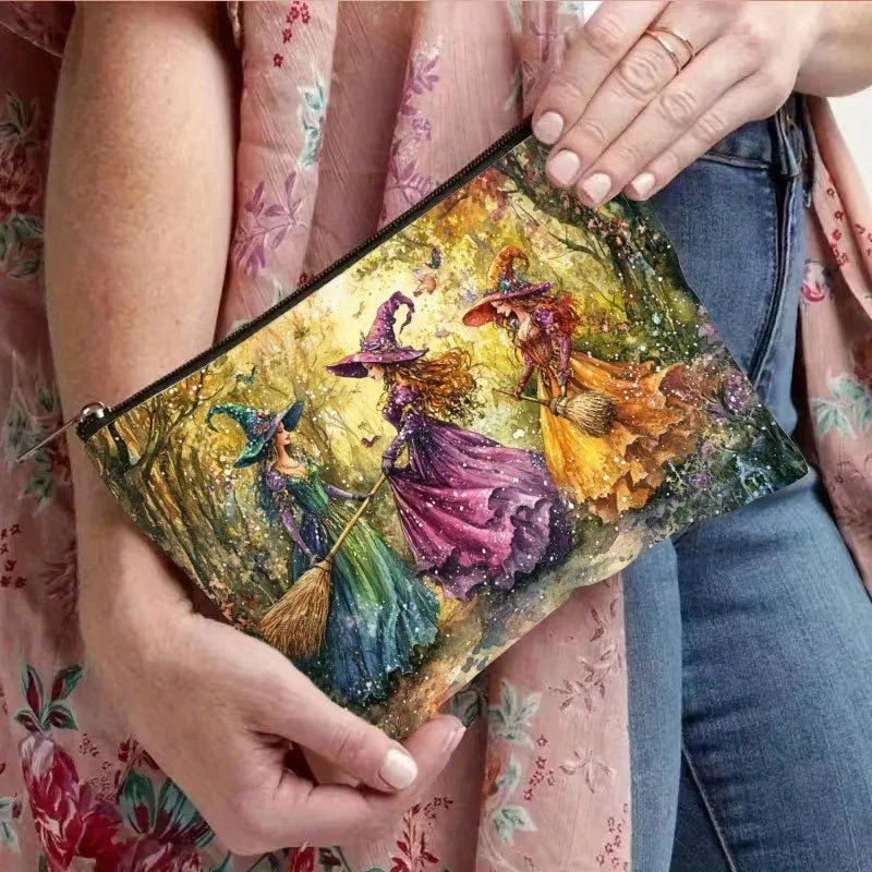 trousse de maquillage rétro en résine de sorcière, avec conception de forêt d'automne vibrante, fermeture éclair de sécurité, sac de voyage multifonctionnel