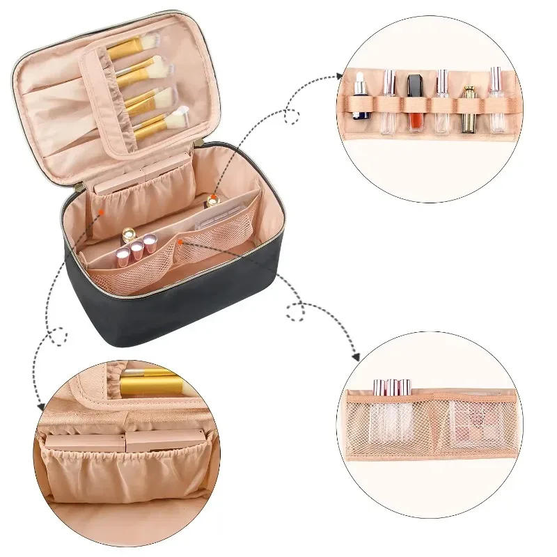 grande trousse de maquillage de voyage pour femmes, organiseur de maquillage, sac cosmétique portable, trousse de toilette noire pour filles en voyage