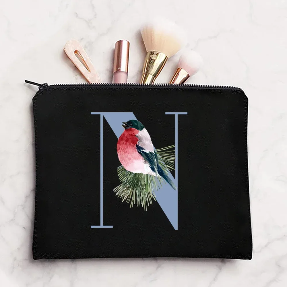 sac à cosmétiques en tissu pour femmes, pochette de maquillage, sac de voyage, rouge à lèvres, étuis de rangement, pochette à fermeture éclair, porte-monnaie de téléphone, initiales bleues imprimées