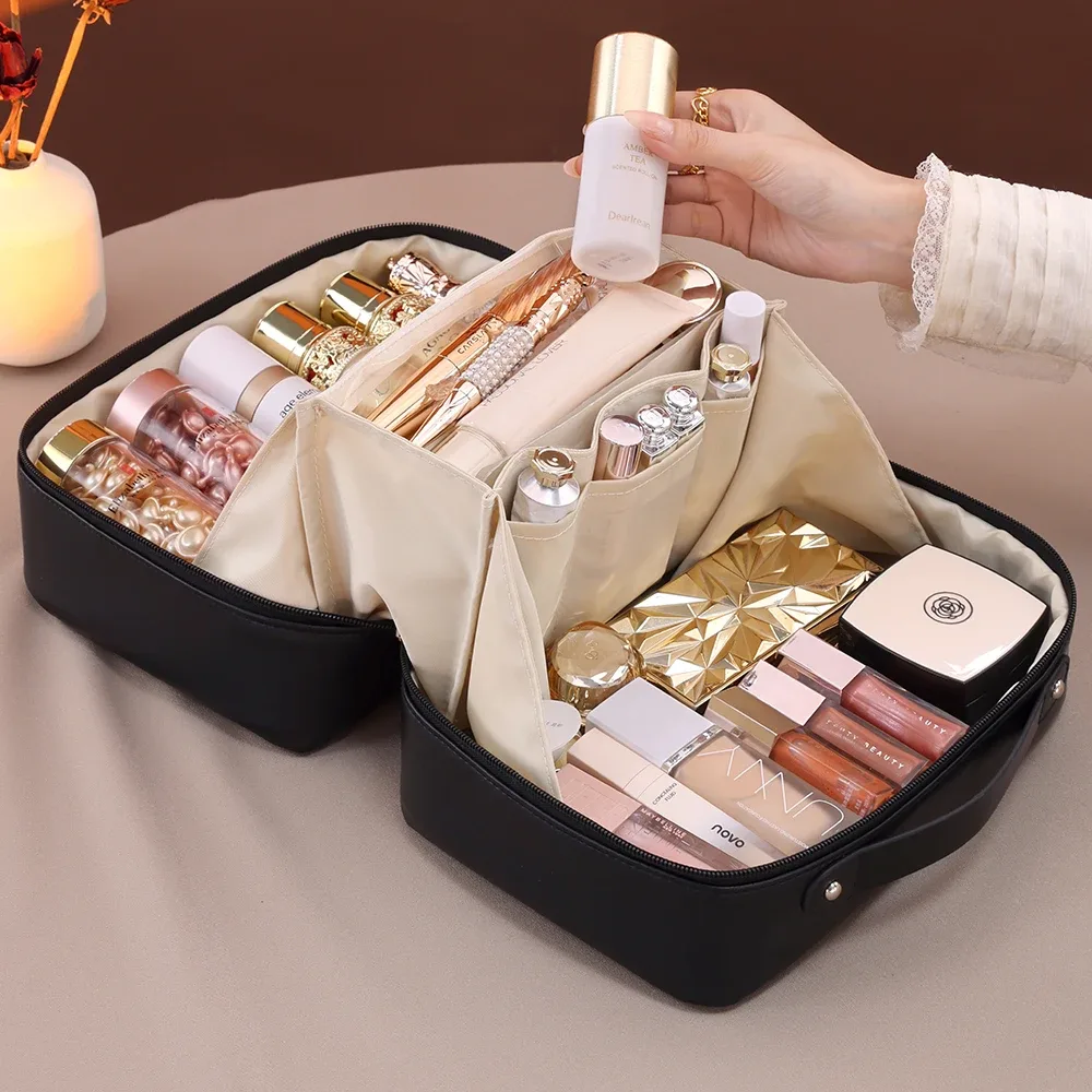 sac de maquillage en cuir pu étanche de grande capacité, sac de rangement de cosmétiques de voyage portable pour femmes, sac de lavage de soins de la peau