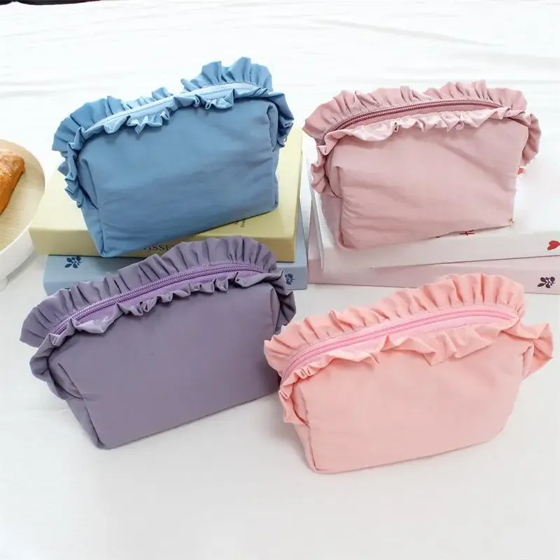 sac à cosmétiques à volants multicolores, pochette de maquillage mignonne avec fermeture éclair, sac de rangement de voyage portable pour femmes et filles