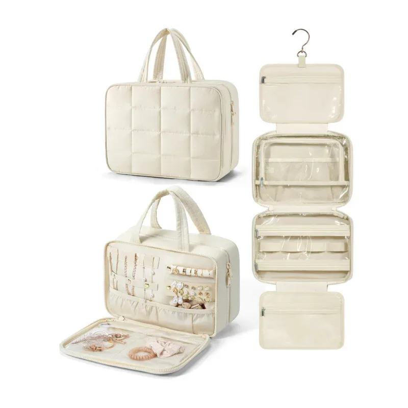 trousse de maquillage pliable à carreaux pour femmes, organisateur de voyage suspendu, trousse de toilette et de cosmétiques, pochette de beauté étanche, rangement de salle de bain