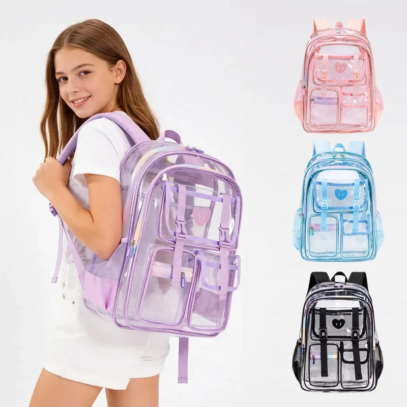 Sac à dos transparent en PVC pour filles et enfants, sac d'école léger et transparent pour enfants, pour l'école quotidienne et les voyages