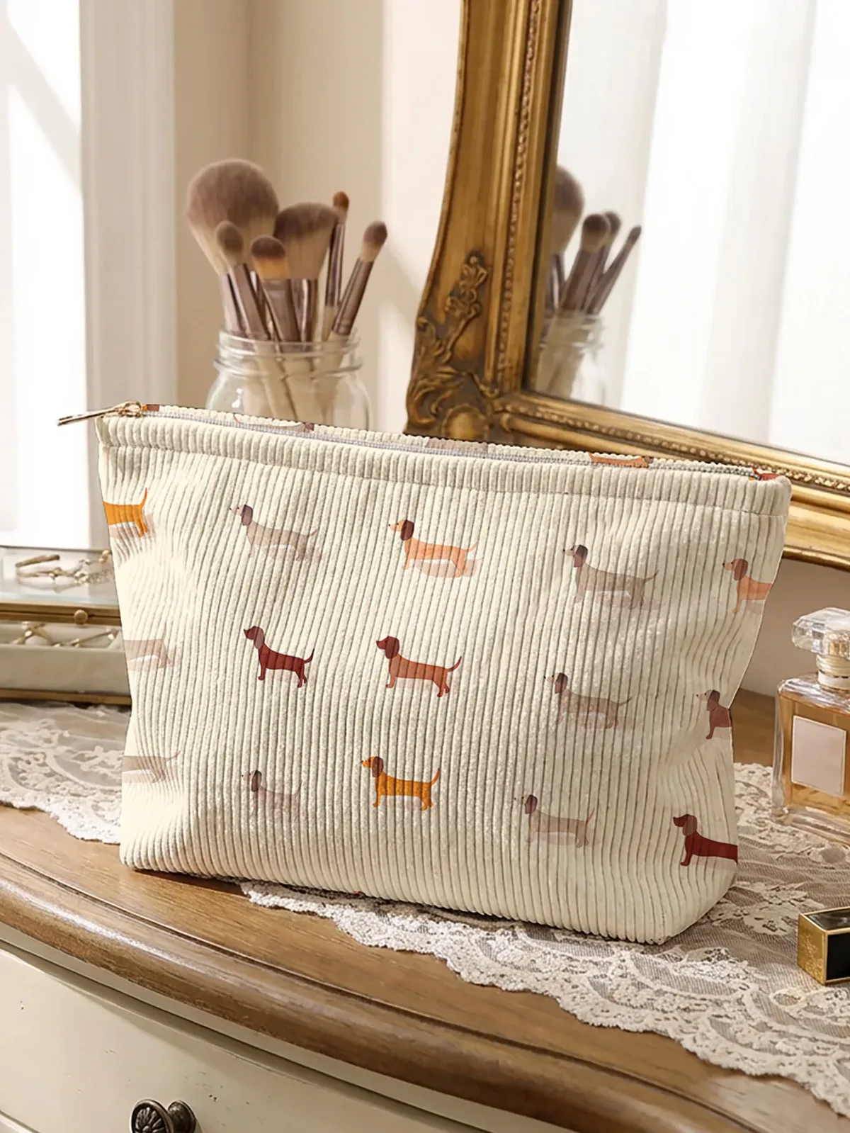 trousse de maquillage en velours côtelé à motif teckel, pochette légère à fermeture éclair, sac multifonctionnel doublé pour cosmétiques