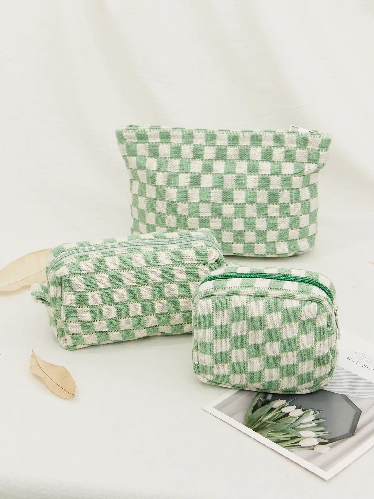 sac à cosmétiques en damier, sac de rangement de toilette tricoté, pochette de maquillage colorée, organisateur, sac à cosmétiques à motif à carreaux