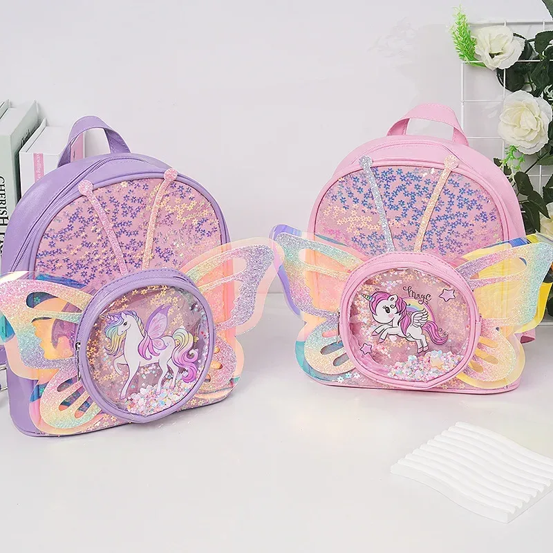 Sac à Dos de Dessin Animé Nairobi Orn à Paillettes pour Enfant, Cartable de Maternelle Transparent Laser avec Ailes de Papillon, Nouvelle Tendance