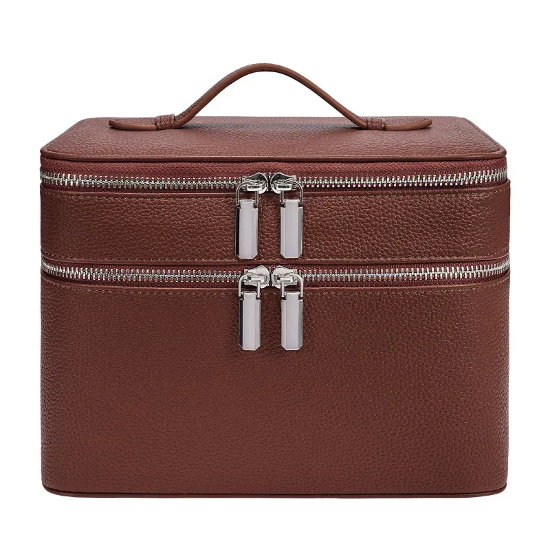 trousse de maquillage en cuir double couche grande capacité, organiseur de cosmétiques étanche, trousse de toilette de voyage portable pour femmes