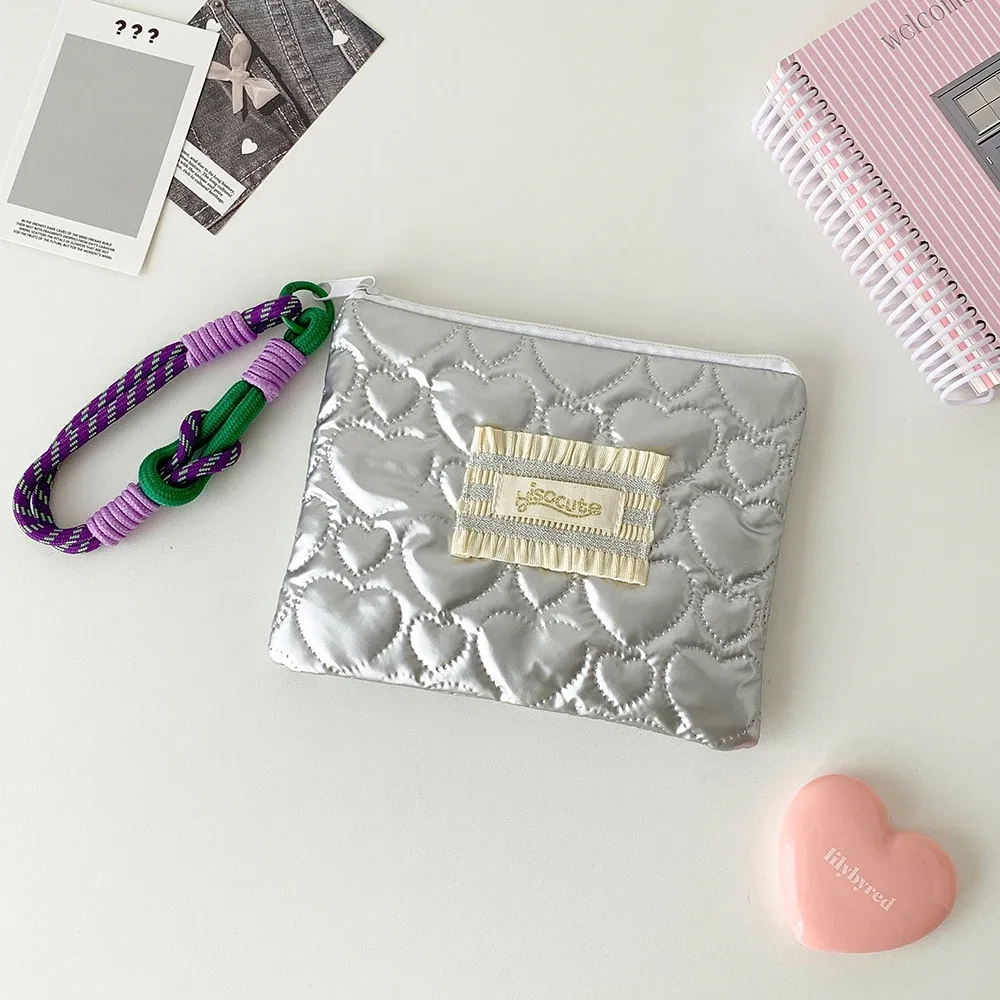 mode coréenne carré argent amour sac de maquillage sac à main à la mode filles rouge à lèvres sac de rangement cadeaux étudiant papeterie trousse à crayons nouveau