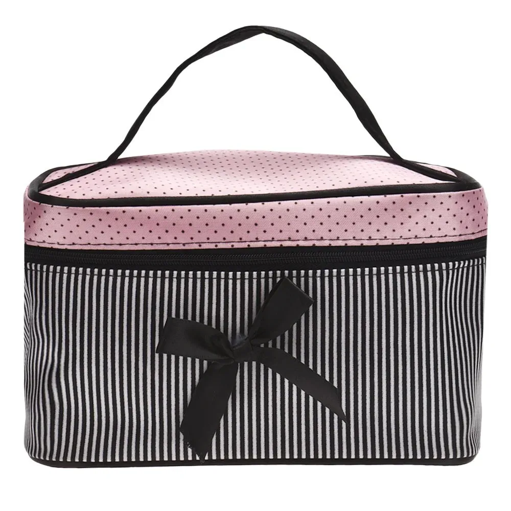 trousse de toilette portable mignonne à rayures et nœud, sac de rangement pour cosmétiques, sac à main, trousse de maquillage, étui de bain