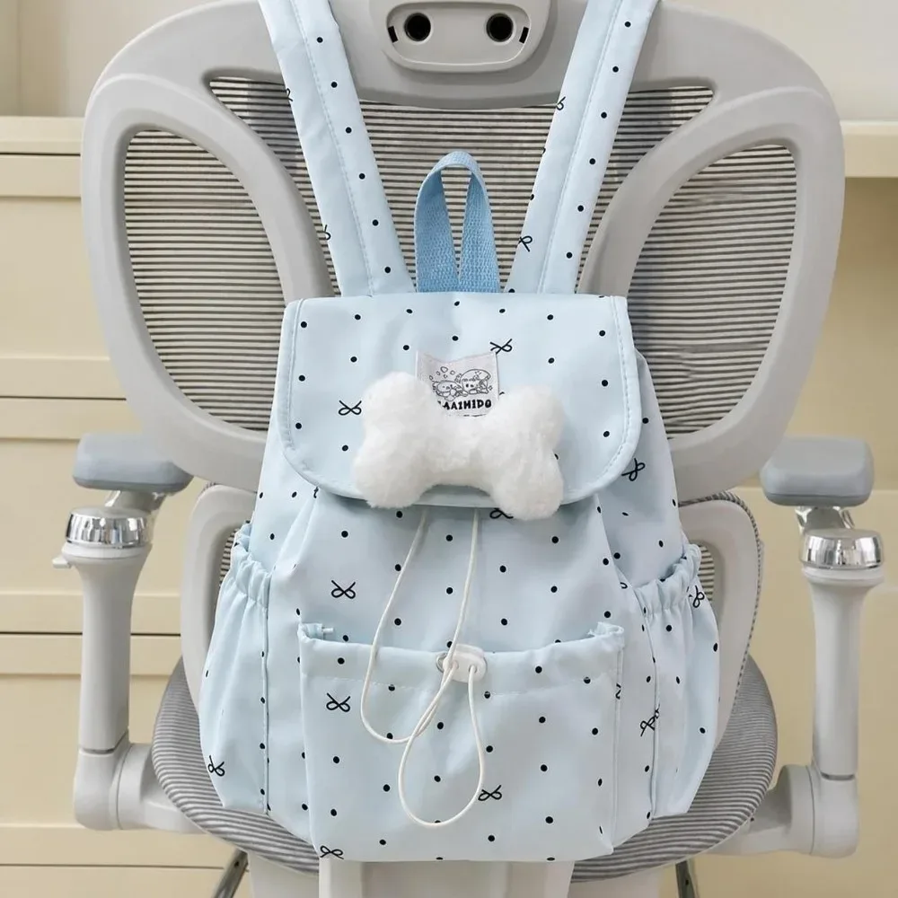 sac à dos à cordon de serrage à pois, grande capacité, ultra léger, double bandoulière, en nylon, avec nœud papillon, pour femme