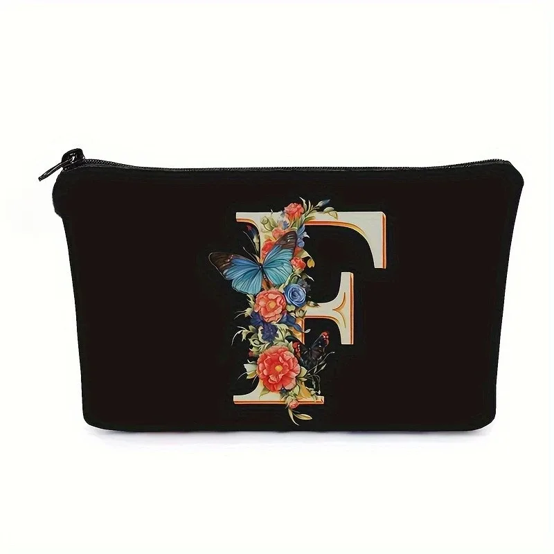 trousse de maquillage noire avec imprimés de 26 lettres de l'alphabet anglais, pochette à cosmétiques, sacs de rangement multifonctionnels