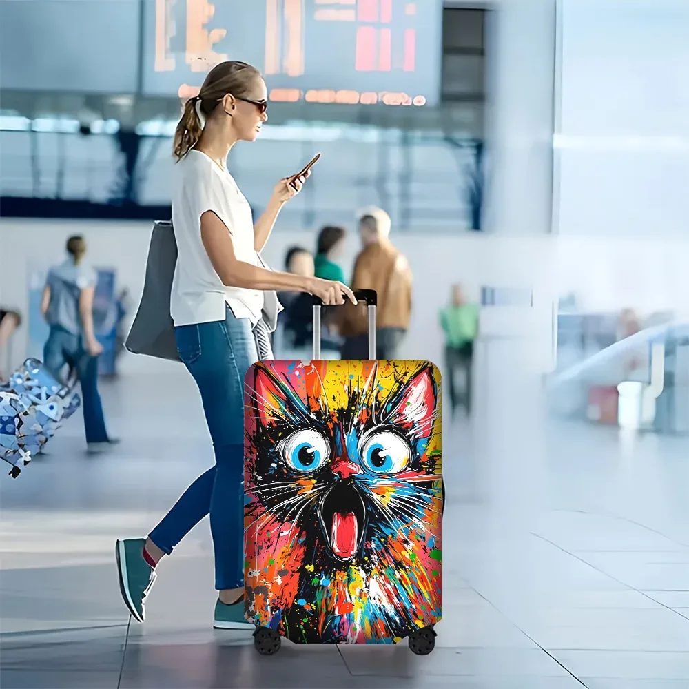 1 housse de bagage noire à imprimé visage de chat pour bagages de 18 à 32 pouces ; accessoires de voyage anti-poussière et élastiques pour une protection efficace