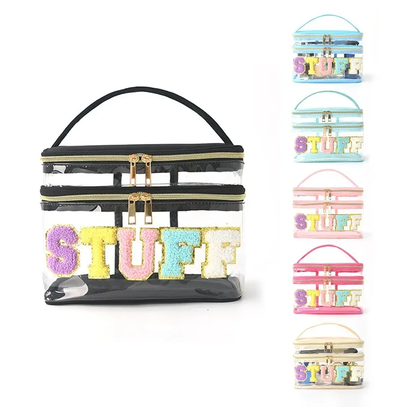 Sac de rangement brodé Amazon, sac à cosmétiques Transparent en PVC à Double lettre, sac de lavage de voyage, sac à cosmétiques de grande capacité