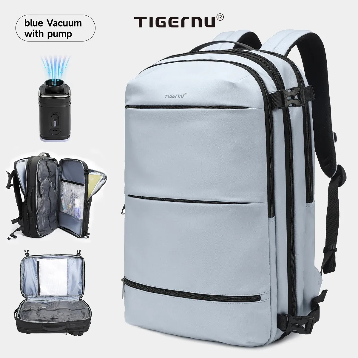 sac à dos de compression sous vide tigernu pour hommes, sac à dos de voyage extensible avec port usb, grande capacité, sac pour ordinateur portable 17 pouces, sacs de cabine pour l'école