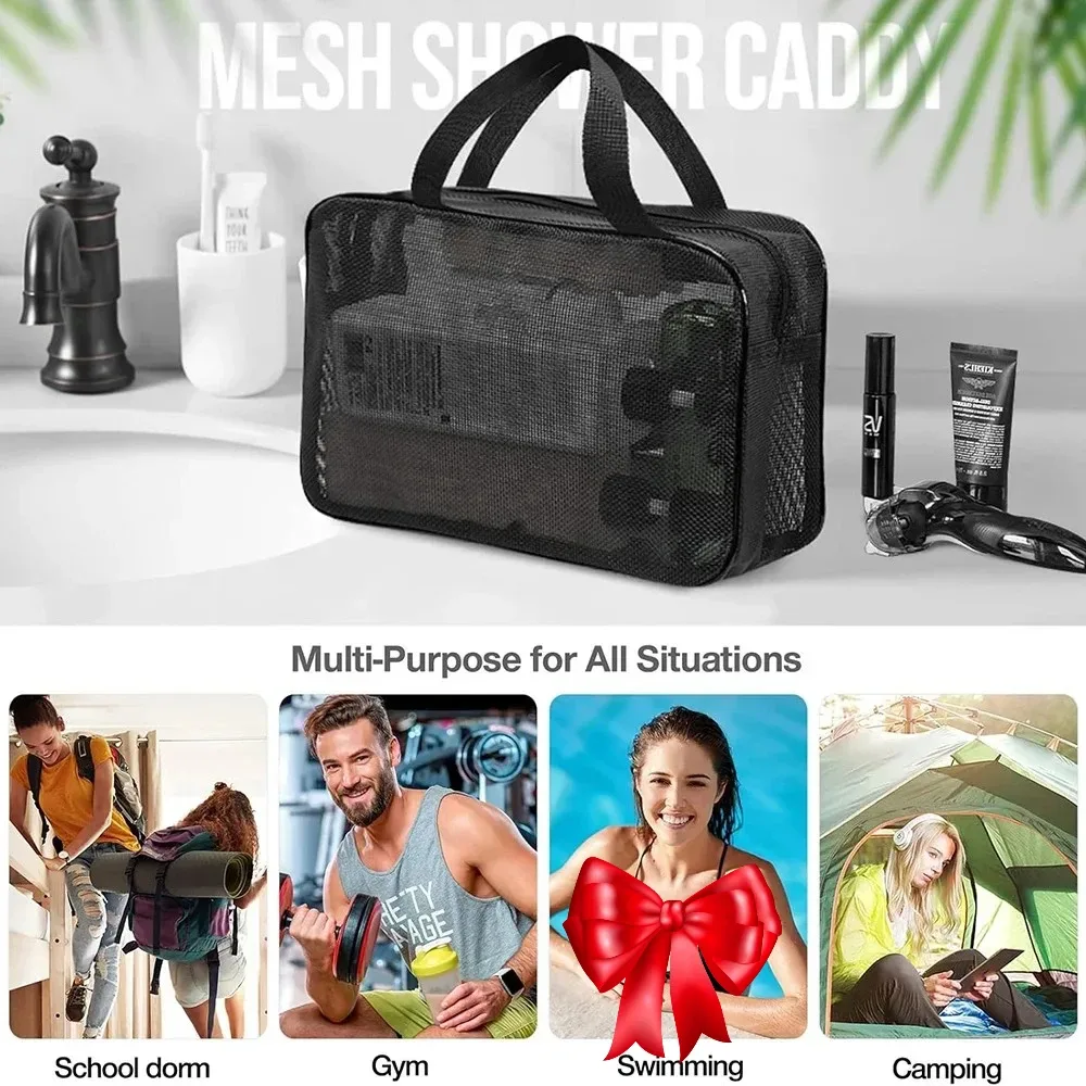sac de douche en maille, sac de rangement cosmétique, sac de douche multifonctionnel, grande capacité, organisateur de toilette portable