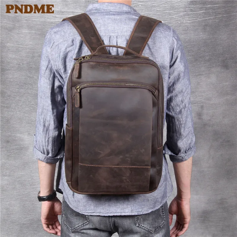 pndme vintage simple crazy horse peau de vache en cuir véritable hommes femmes sac à dos grande capacité sac à dos pour ordinateur portable sacs de voyage