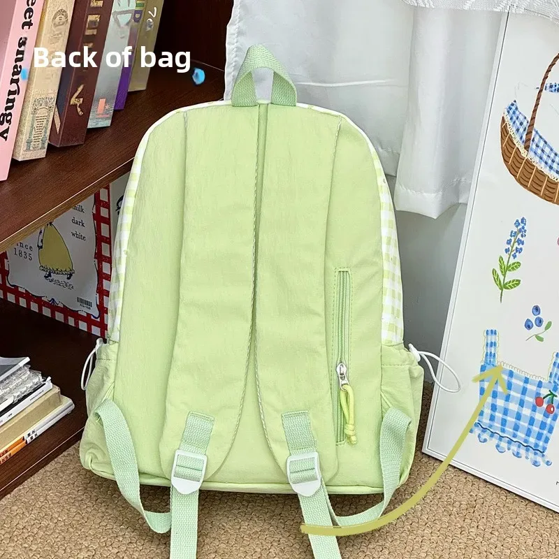 sac à dos d'étudiant en nylon à carreaux, style coréen, motif cœur, doux, mignon, décontracté, respirant, léger, pour les trajets quotidiens