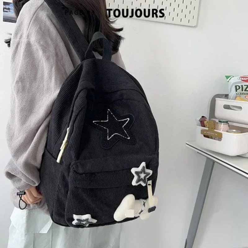 Y2K – sac à dos pour ordinateur portable à motif d'étoile pour filles, sac à dos d'école de grande capacité pour adolescentes, sac à dos en velours côtelé, sac à bandoulière à Double sangle