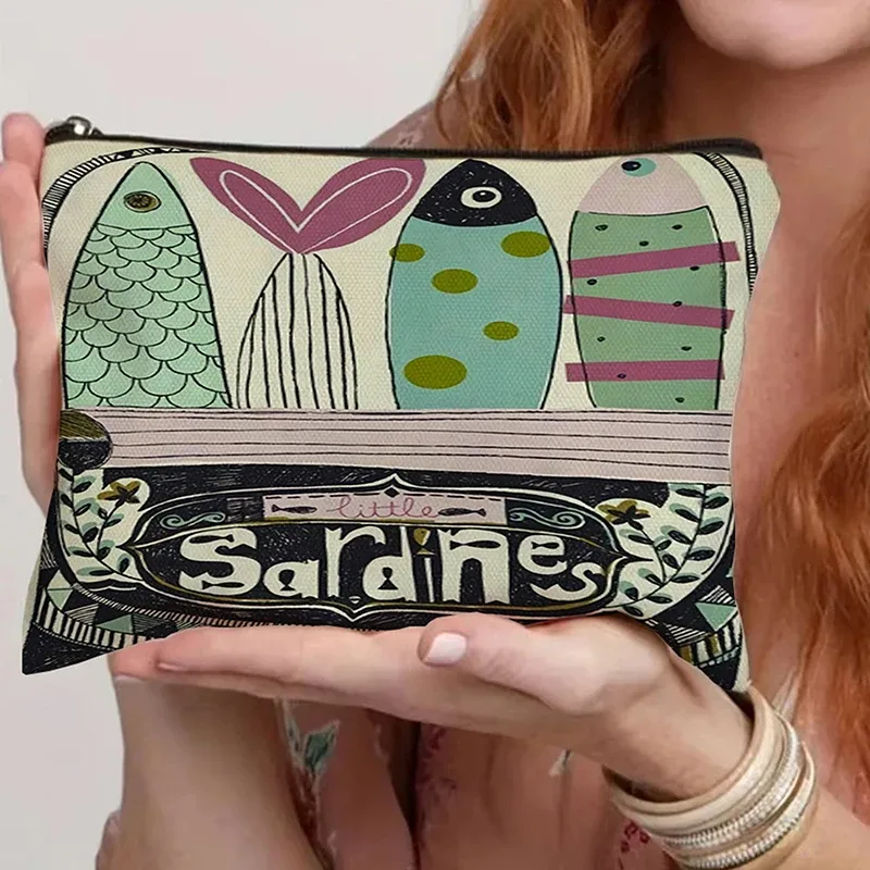 sac à cosmétiques en toile vintage, trousse de maquillage simple de grande capacité, pochette de voyage pour femmes, trousse de toilette rétro, design d'huile d'olive de sardines