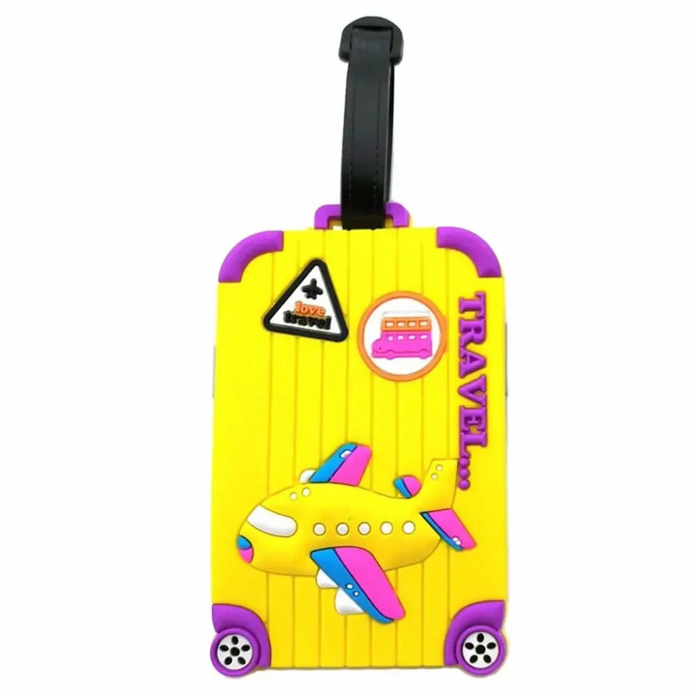 étiquettes de bagages portables en pvc, étiquettes de bagages en silicone souple avec dessin animé d'avion, fournitures de voyage, étiquettes d'identification et d'adresse pour valises