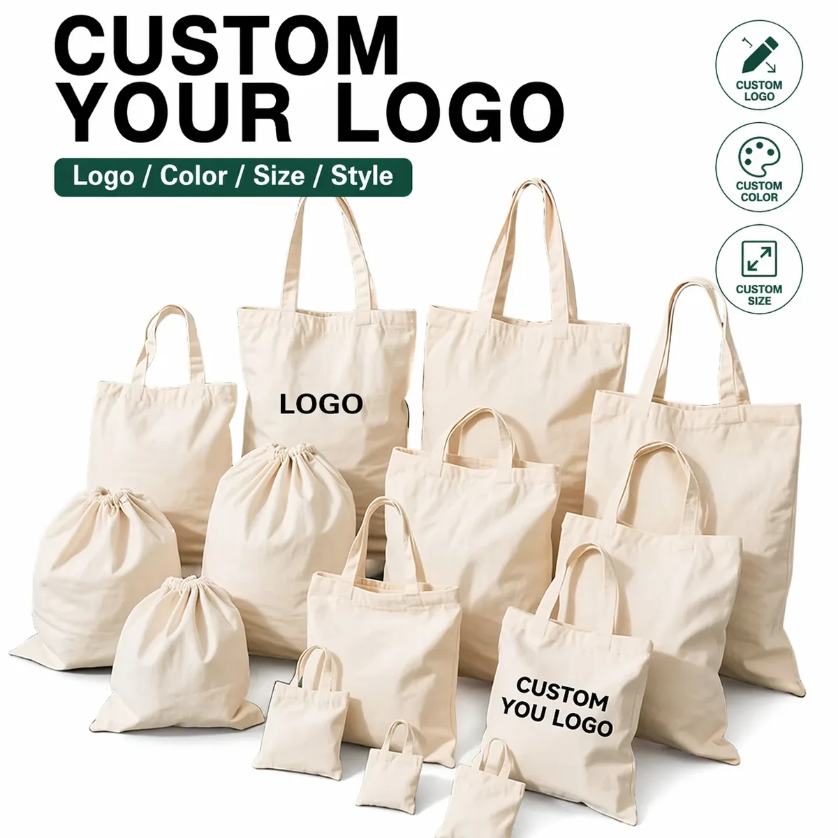 vente en gros de 50 pièces/lot de sacs fourre-tout en toile de coton personnalisés avec logo, sacs d'épicerie réutilisables