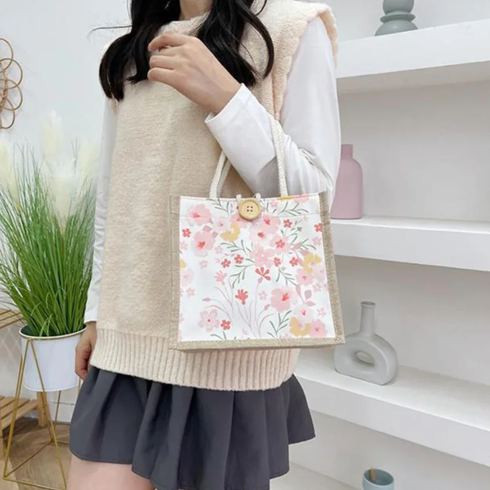 sac fourre-tout en lin avec fermoir à bouton, sac à lunch en poudre, sac fourre-tout, sac à main à bento, impression de fleurs mignonnes, sac à bento alimentaire pour pique-nique