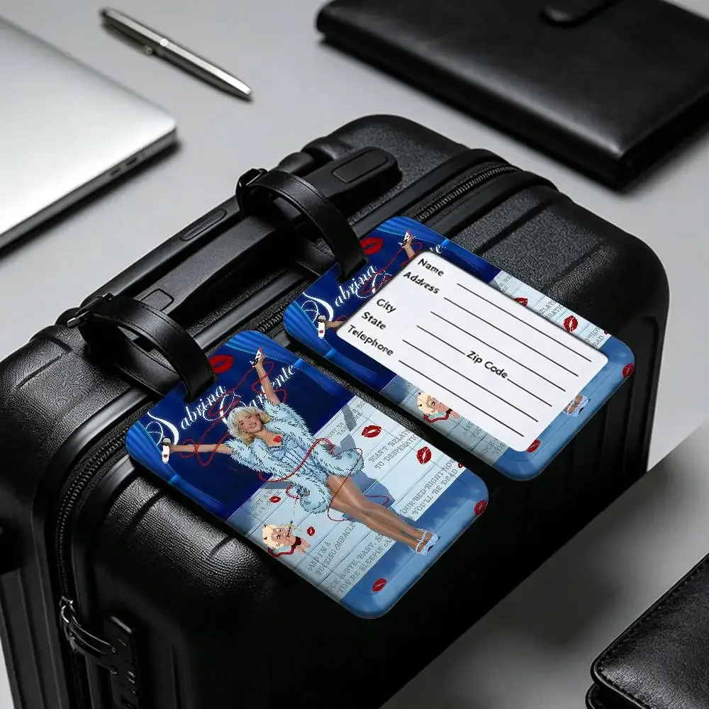étiquette de bagage en pvc imperméable singer s-sabrina c-carpenter avec carte d'information, étiquette d'identification anti-perte pour bagages, sac à dos scolaire