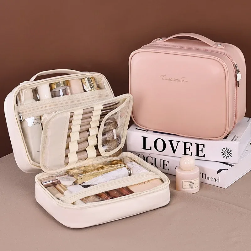 sac de maquillage portable pour femmes, trousse de beauté de voyage avec compartiment pour pinceaux, grande capacité, sac de rangement imperméable pour soins de la peau